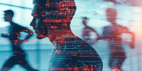 A man in profile contemplates while digital data and silhouettes of running figures overlay the scene, blending technology and motion.