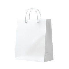 A plain white paper shopping bag, upright, with simple metal handles