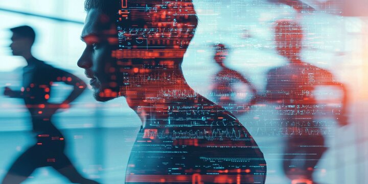 A man in profile contemplates while digital data and silhouettes of running figures overlay the scene, blending technology and motion.