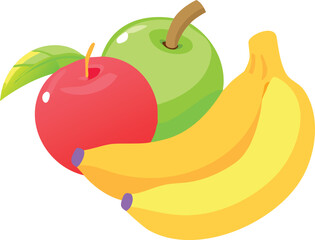 A banana, an apple, and another banana arranged on a white background