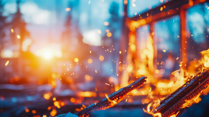Devastating house fire ablaze with scorching flames and flying sparks, silhouetting charred remains against dramatic blue-orange sky