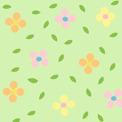 Seamless floral pattern with pastel flowers and green leaves on green pastel background, simple decorative design for fabric, wallpaper, packaging,wrapping paper,and creative projects.