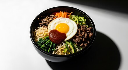 Korean Bibimbap Bowl with Fried Egg and Vegetables.