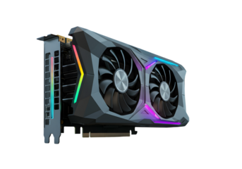 Isolated graphic card on a transparent background. The card has a geometric design with colorful LED light accents, showing both cooling and a sleek design aesthetic.