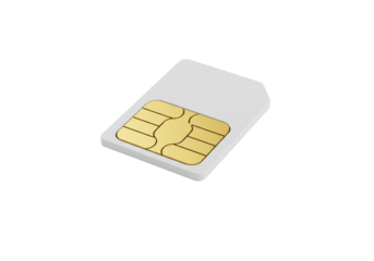 Isolated SIM card with gold contacts enabling global smartphone telecommunications