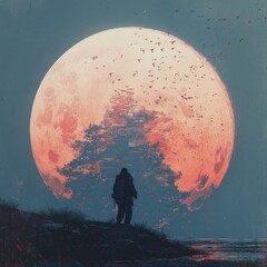 A solitary figure walks towards a large, pink moon, with birds and a tree in the background