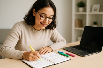 Young woman planning weekly schedule with colorful markers at desk, laptop nearby, in cozy home office setting with soft light and calm background. Ai generative