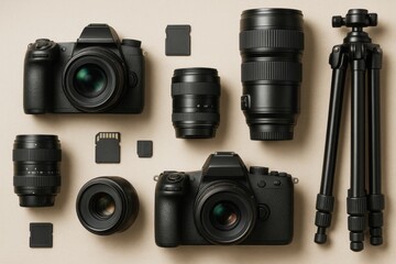 Professional digital photography equipment including cameras, lenses, memory cards, and tripod arranged neatly on beige background. Ai generative