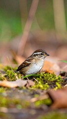 A small, streaked bird perches amongst moss and leaves on the forest floor, showcasing a soft, natural light and detailed plumage.