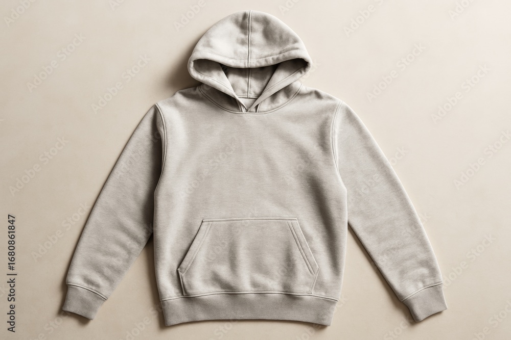 Poster blank beige hoodie mockup on light neutral background for clean branding design presentation or layo