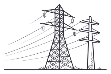 Illustration of two power line towers, showcasing electricity transmission and distribution in a simple, graphic style