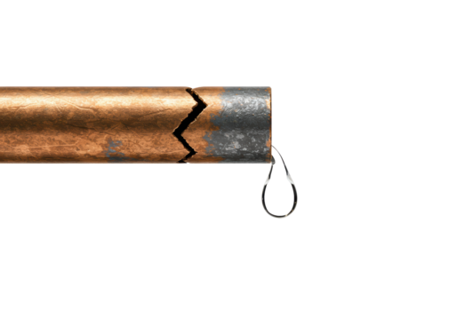Isolated leaky pipe leaking water droplet, concept of broken plumbing, burst tube