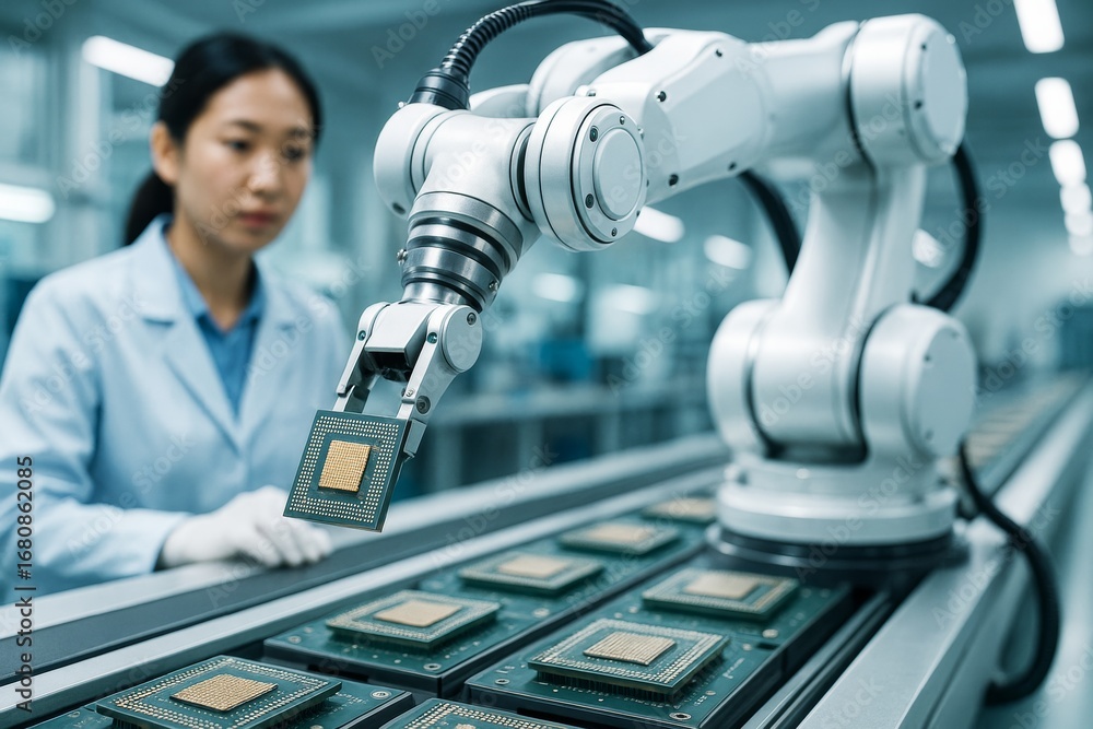 Poster robotic arm assembling microchips in clean high-tech lab with technician in background, symbolizing 