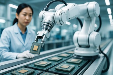 Robotic arm assembling microchips in clean high-tech lab with technician in background, symbolizing automation in modern science and technology concept. Ai generative
