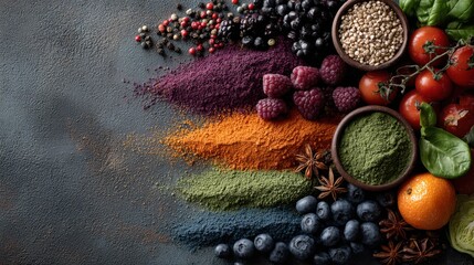 Fototapeta premium Assortment of Colorful Superfood Powders and Fresh Berries on Textured Surface berry