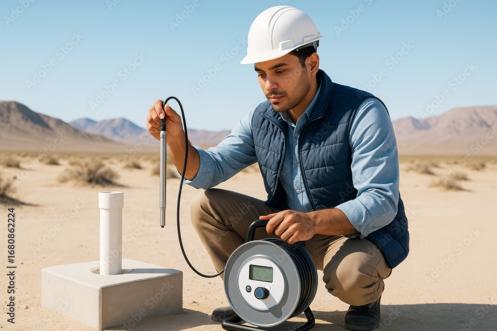 Poster scientist in hard hat conducting groundwater measurement with digital probe in dry desert environmen