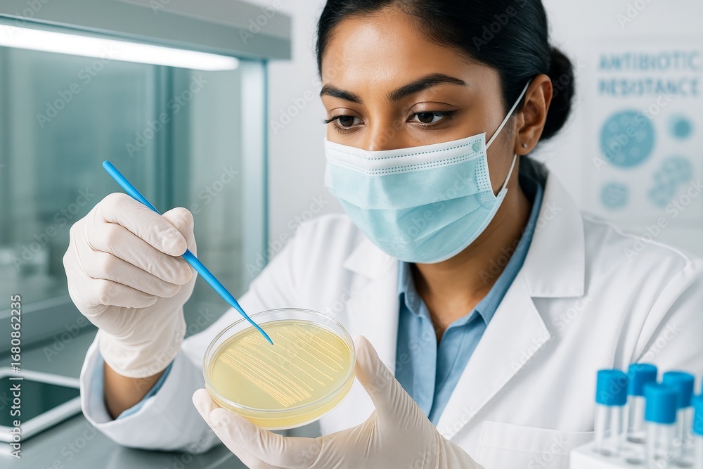 Poster female scientist in lab coat examining bacterial culture plate with inoculation loop in modern labor