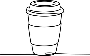 Minimalist continuous line art of a takeaway coffee cup with a lid. Simple one line drawing for cafe and beverage concepts