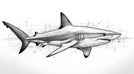 Naklejka premium A sleek and powerful shark is depicted in a striking monochrome sketch its majestic form against a clean white background with subtle splatters