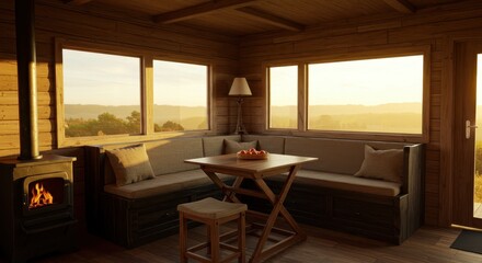 Cozy wooden cabin interior with natural light and scenic views of countryside landscape