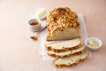 Sweet almond bread with honey and butter