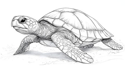 Detailed monochrome sketch of a sea turtle showcasing its intricate shell and textured skin as it moves across a sandy surface