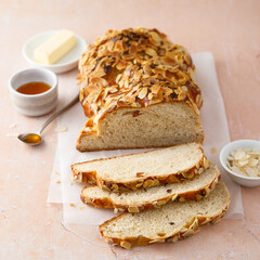 Sweet almond bread with honey and butter