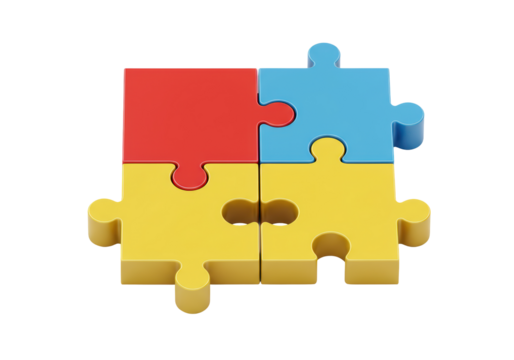Isolated Puzzle Pieces in Red, Blue, and Yellow Connected to Form a Square Shape