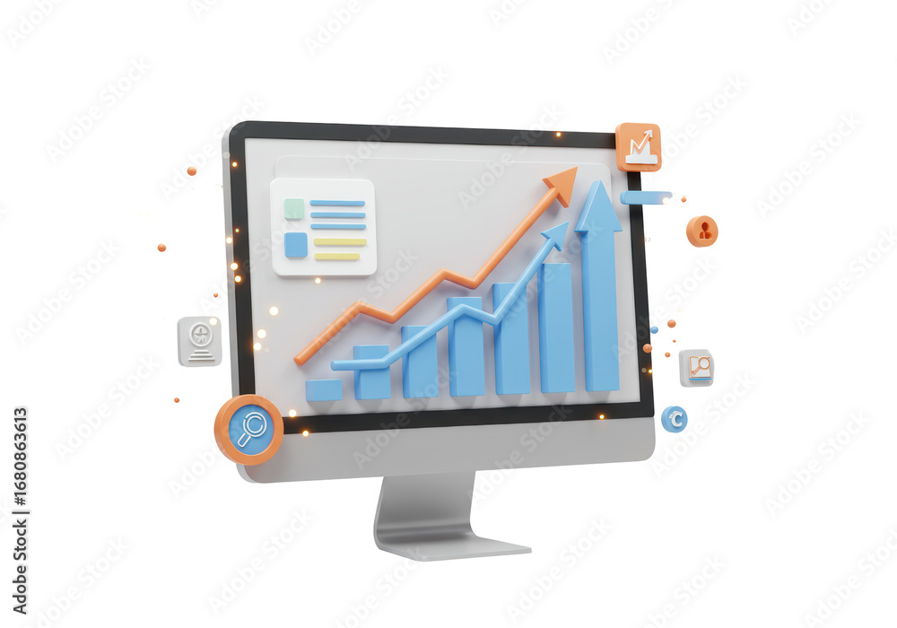 Poster isolated data analysis illustration of a computer monitor, graphs, and dashboard icons