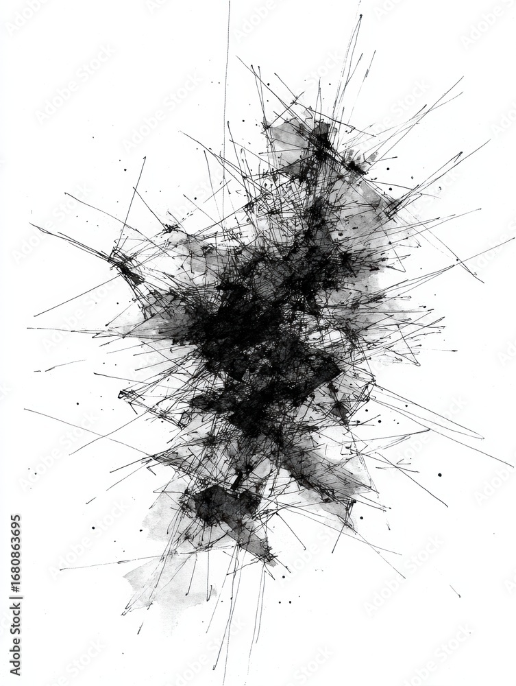 Poster abstract black and white composition featuring dynamic lines and textures in a chaotic arrangement o