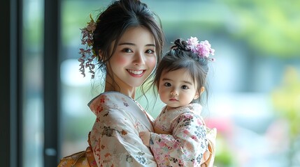 A smiling mother holds her child both dressed in beautifully patterned kimonos with floral hair ornaments against a soft blurred background