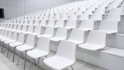 Minimalist lecture hall with tiered white seating, black linear ceiling lights, and paneled walls