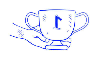 Blue trophy held by hand award winner