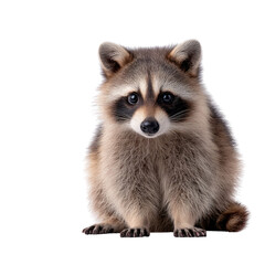 Cute fluffy raccoon sitting in a playful pose against a neutral background showcasing its adorable features