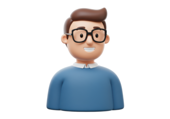 Isolated cartoon man with glasses in blue sweater illustration, 3d rendering style