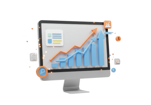 Isolated data analysis illustration of a computer monitor, graphs, and dashboard icons