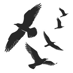 Obraz premium Vector art of a flock of seagulls in silhouette flying freely in the sky, , creating a sense of freedom and connection with nature