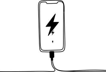 Continuous line art of a smartphone charging, a one-line drawing representing power and connection