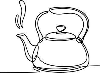 Continuous line art of a classic stovetop kettle with steam rising from the spout, a minimalist one line drawing