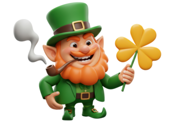 Isolated Cartoon Leprechaun holding a gold four leaf clover smiling with pipe celebrating luck