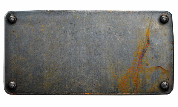 Rusty riveted metal plate on white background
