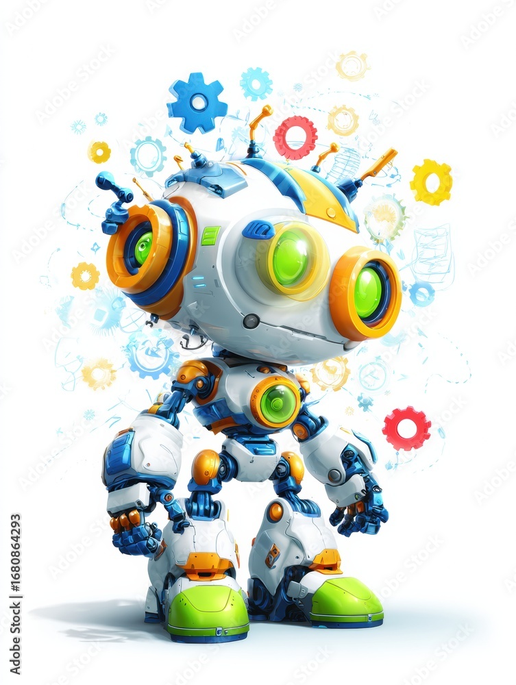Poster colorful robot character engaging with gears and technology in a whimsical design environment showca