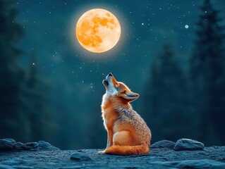 Cinematic scene of a lone red fox sitting on rocky ground under a glowing full moon with a starry night sky and blurred forest background