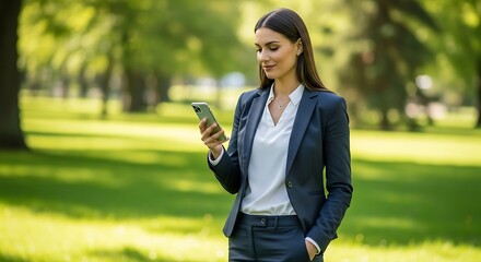 Businesswoman Using Smartphone in Park.