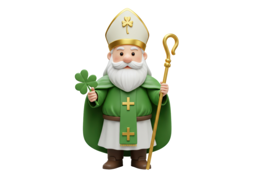 Isolated Saint Patrick's Day cartoon character with golden staff and green clover leave - Powered by Adobe