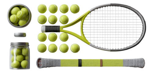 Tennis Equipment Set with Balls and Racket on Transparent Background