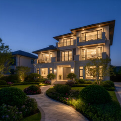 Fototapeta premium Luxurious modern house with manicured gardens and outdoor lighting at twilight, showcasing elegant architecture and inviting ambiance