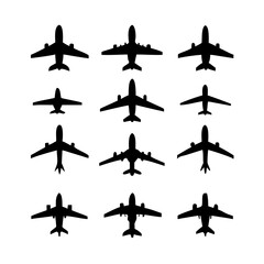 Vector art of collection of airplane silhouettes showcasing various aircraft designs for aviation, travel, and transportation concepts and graphic design projects