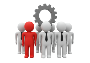 Isolated Group of People Standing with Red Leader and Gray Cog, teamwork leadership idea