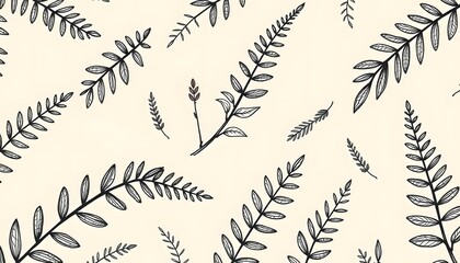 Delicate hand drawn botanical illustration of fern fronds and leaves in a repeating seamless pattern